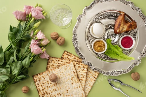 Preview: Elegant Passover setup featuring a seder plate, matzo bread, and decorative floral arrangement