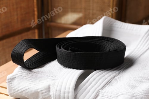 Preview: Martial arts uniform with black belt on table indoors, closeup