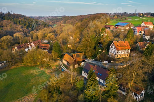 Preview: Top view of an autumn village in Saxon Switzerland.Germany