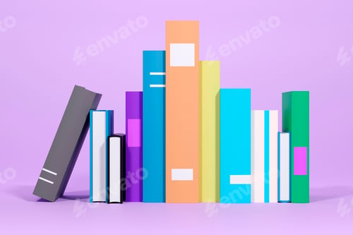 Preview: Online education, E-learning concept. stack of books, bookshelf. 3d render