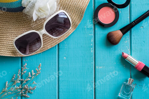 Preview: Woman stuff, makeup, and accessories with copy space