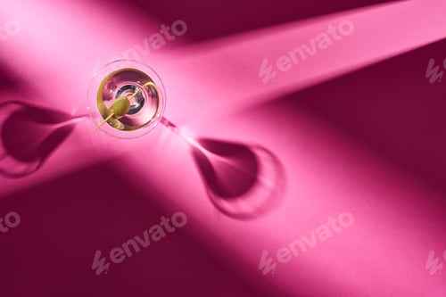 Preview: Top view of martini cocktail with shadows on pink surface