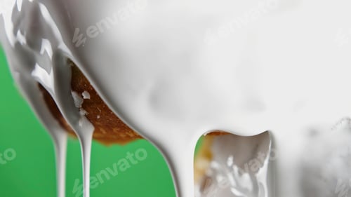 Preview: Donut with dripping white icing. Stock clip. Close-up baking with stream of white cream. White cream