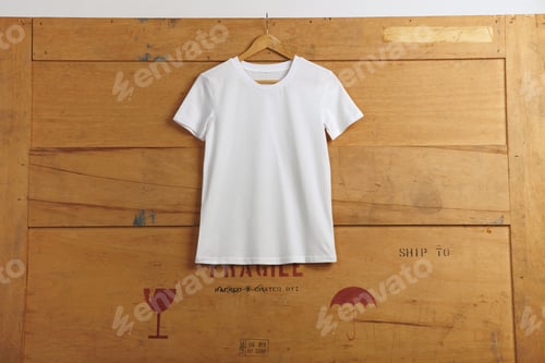 Preview: Blank white tshirt hanging on a wooden shipping box