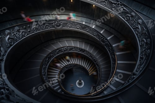 Preview: Gray spiral Staircase with decorated metal handrails