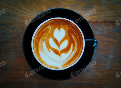 Preview: Topview hot coffee, late art coffee, coffee cup on table topview