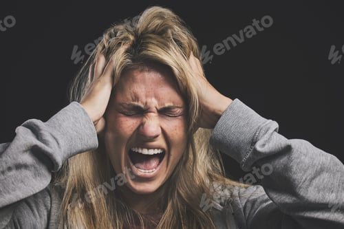 Preview: Screaming woman, mental health and depression headache from bipolar anxiety, stress and fear on bla