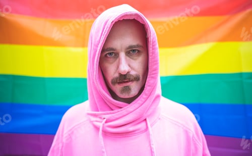 Preview: Portrait of caucasian gay man looking at camera on rainbow background