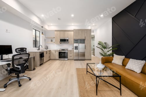 Preview: a modern living room with yellow couch and white dining set