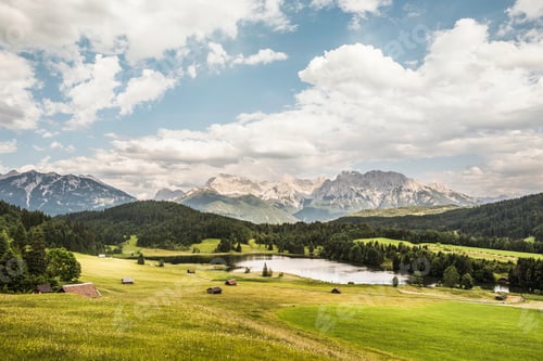 Preview: View over Wagenbruchsee into Karwendel mountain range, Gerold, Bavaria, Germany