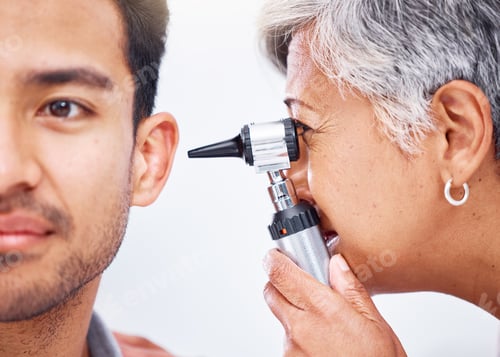 Preview: Hearing test, doctor and patient with healthcare consultation closeup, face and ENT specialist wit