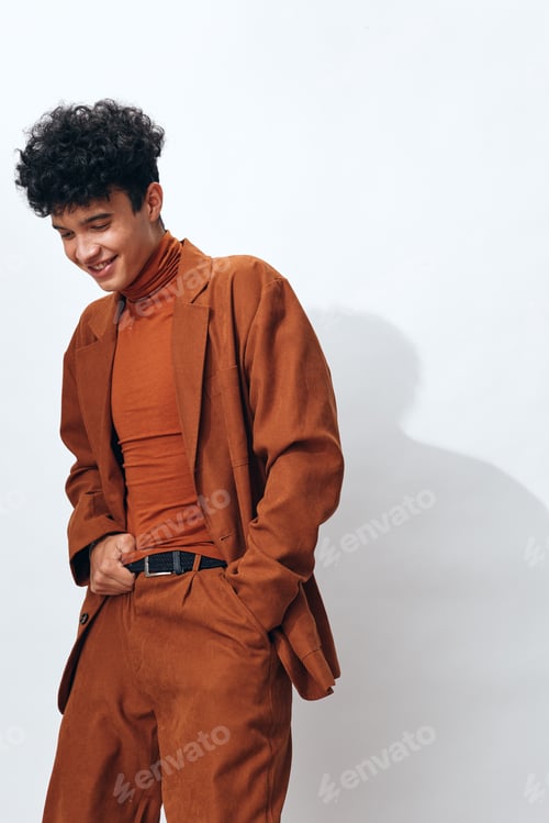 Preview: Clothes man modern attractive handsome portrait student beige fashion curly trendy lifestyle