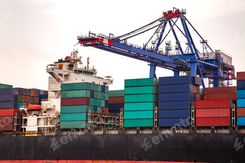 Preview: Industrial Container Cargo freight ship with working crane bridge in shipyard