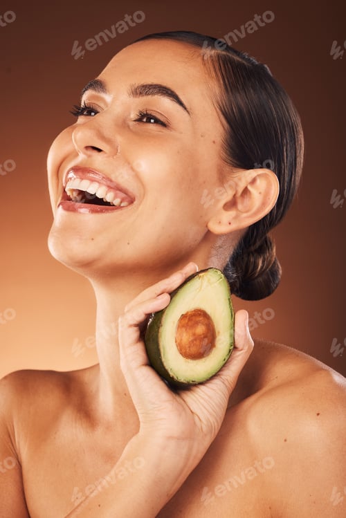 Preview: Beauty, woman skincare and healthy avocado eating for body wellness. health and nutrition. Happy mo