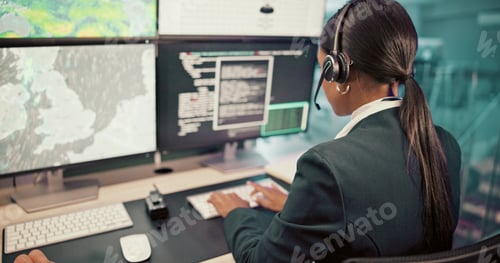 Preview: Headset, back or woman with screen for maps for news, research or ecology in call center. Data, che