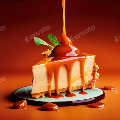 Preview: Closeup of a cheesecake with caramel dripping on a gradient background