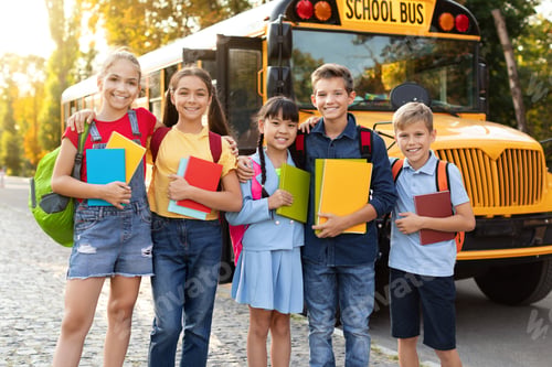 Preview: Group Of Happy Kids With Workbooks Standing Outdoors Near School Bus