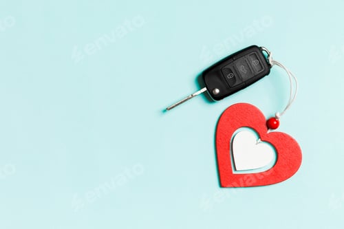 Preview: Top view of gift box and wooden heart on colorful background. Luxury present for Valentine's day