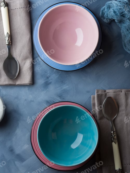 Preview: Tableware for breakfast or lunch on blue