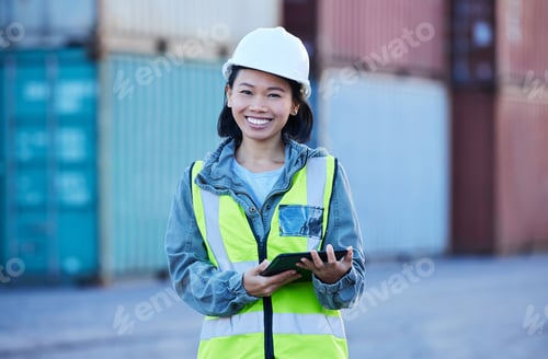 Preview: Cargo, shipping and warehouse woman manager on digital tablet at factory plant, logistics supply ch