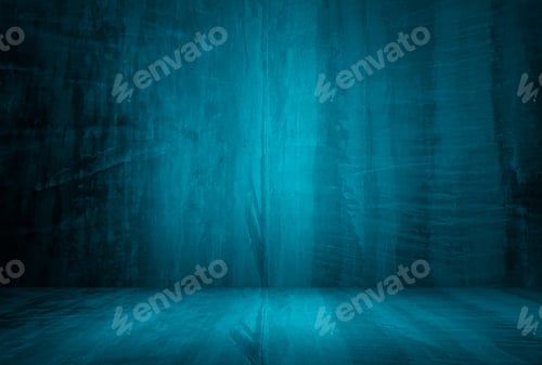 Preview: Vintage grunge blue concrete texture studio wall background with vignette.