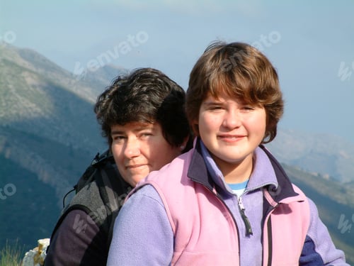 Preview: Mother and daughter on a mountain hike in Spain, family snap for the album. Making memories.