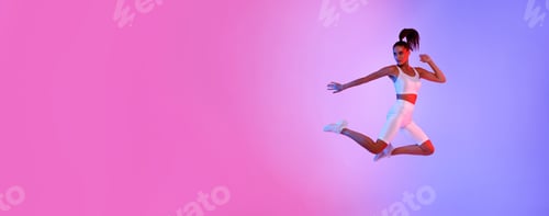 Preview: Athletic Lady Jumping Posing In Mid-Air Exercising Over Neon Background