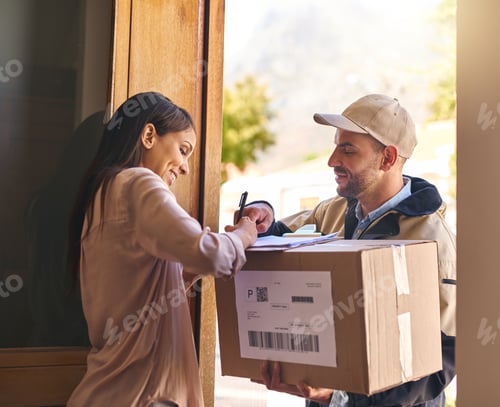 Preview: That was really quick. Shot of a young woman signing for her delivery from the courier.