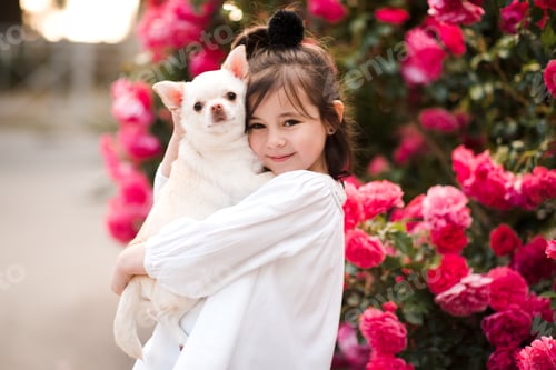 Preview: Smiling kid girl 4-5 year old holding little chihuahua dog over flower at background close up.