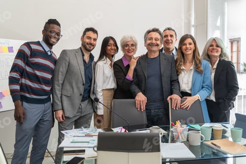 Preview: Team diversity celebration in modern startup office with multiethnic business professionals