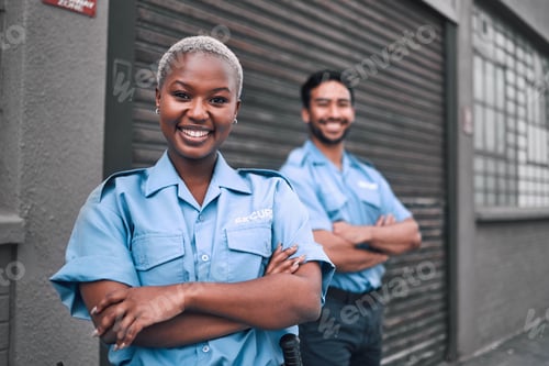 Preview: Team, security guard or safety officer portrait on the street for protection, patrol or watch. Law