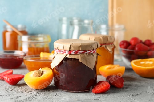 Preview: Composition with jam and ingredients on gray table, close up