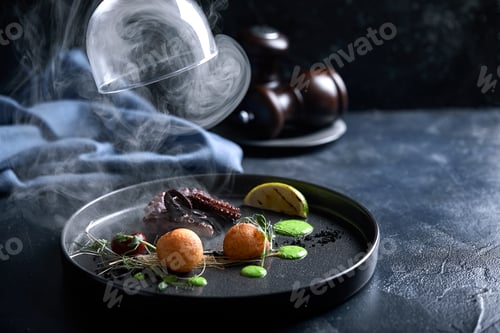 Preview: Grilled grilled octopus served with smoke under the hood, food show, low key. Copy space, food