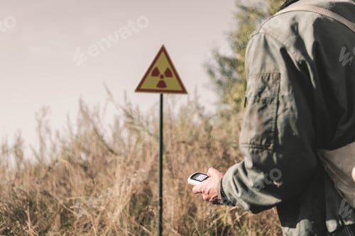 Preview: cropped view of man holding radiometer near toxic symbol, post apocalyptic concept