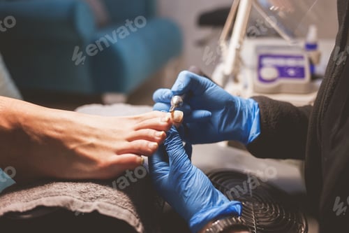 Preview: Pedicure master polishes nails with nail file drill before applying varnish side view