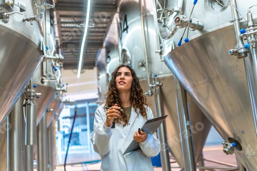 Preview: Woman inspecting brewing tanks in beer factory