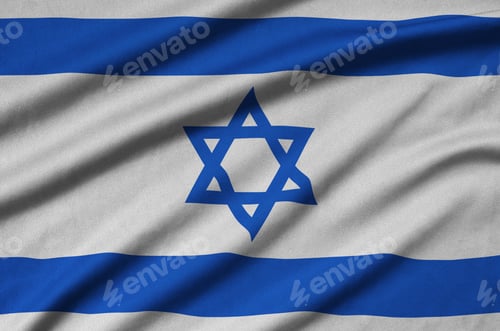 Preview: Israel flag is depicted on a sports cloth fabric with many folds. Sport team waving banner
