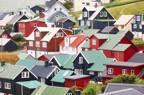 Preview: Picturesque village with colored houses in Faroe islands. Denmark