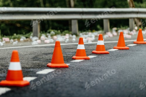 Preview: six orange traffic cones standing in row on mountain road