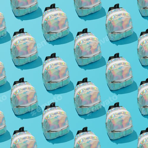 Preview: Creative repeating pattern of a school backpack on a blue background.