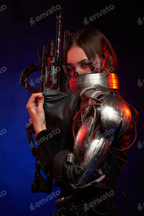 Preview: Fashionable female mercenary with furutistic rifle in dark background