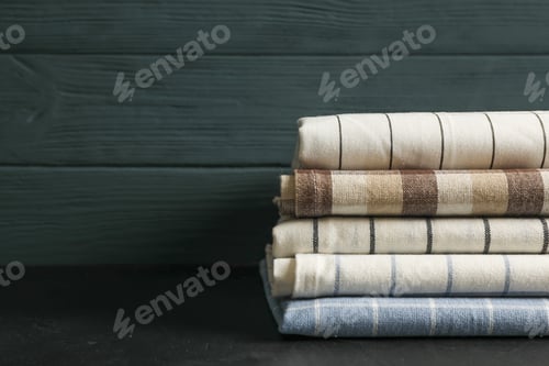 Preview: Stack of fabric napkins on black table, space for text