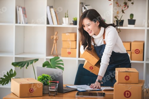 Preview: Small start-up business owners using computers at work, freelancers, saleswoman, checking production
