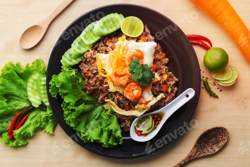 Preview: Top view of a bowl of fried brown rice with shrimp and a fried egg on top