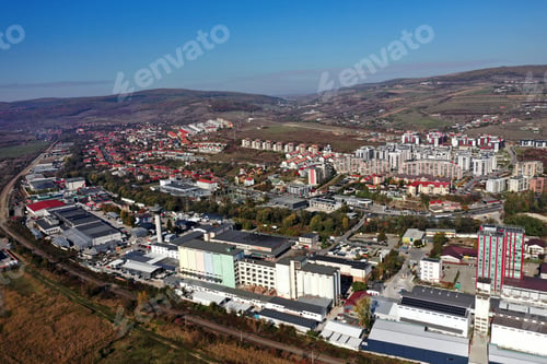 Preview: Aerial view of suburban city industrial area buildings