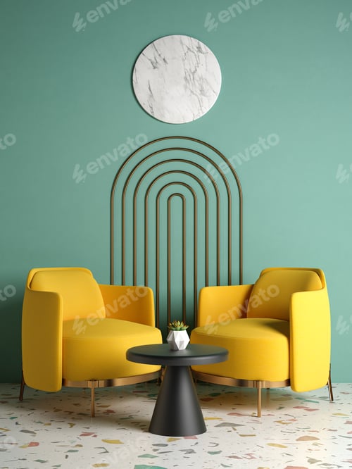 Preview: Memphis style conceptual interior room 3d illustration