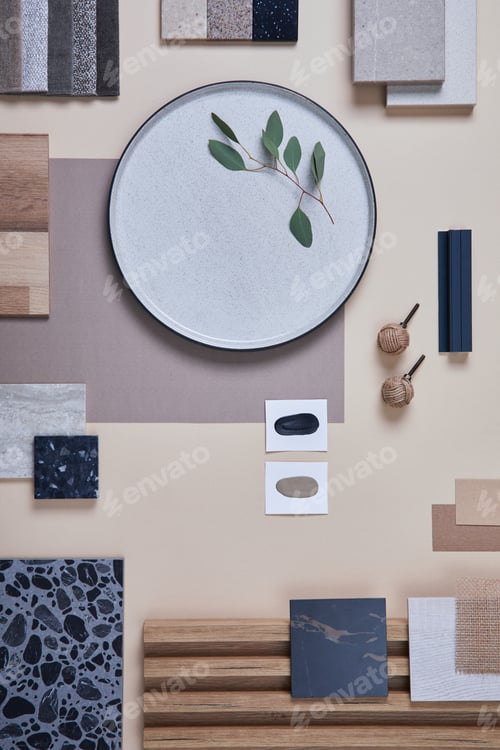 Preview: Creative flat lay composition of interior designer and architect moodboard.