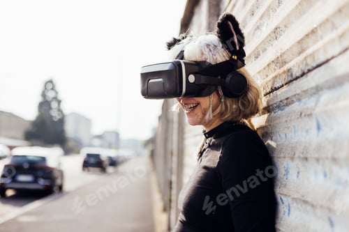Preview: Woman Using VR Headset on City Sidewalk