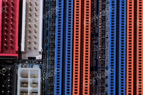 Preview: close up view of computer motherboard colorful ports