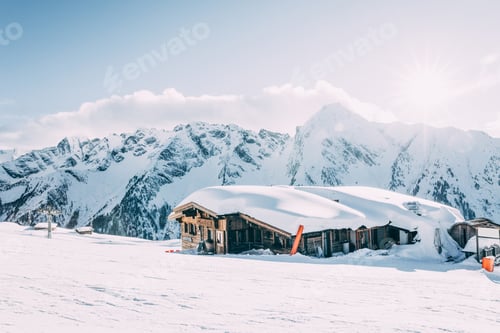 Preview: MAYRHOFEN, AUSTRIA - FEBRUARY 19, 2018: traditional wooden cabin at mayrhofen ski resort in